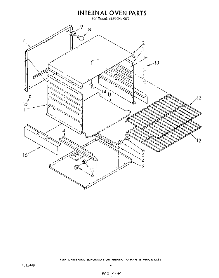 INTERNAL OVEN Diagram and Parts List for SE950PERW5  Whirlpool Range