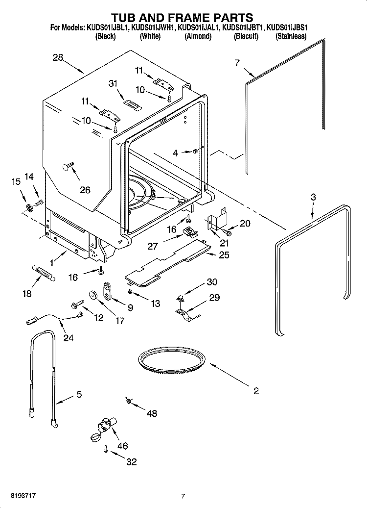 TUB AND FRAME PARTS Diagram and Parts List for KUDS01IJBS1  KitchenAid Dishwasher