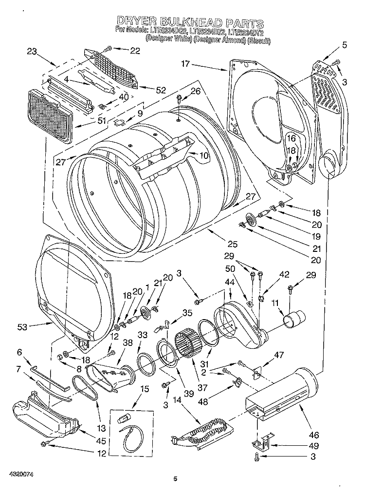 DRYER BULKHEAD Diagram and Parts List for LTE6234DQ2  Whirlpool Washer Dryer Combo