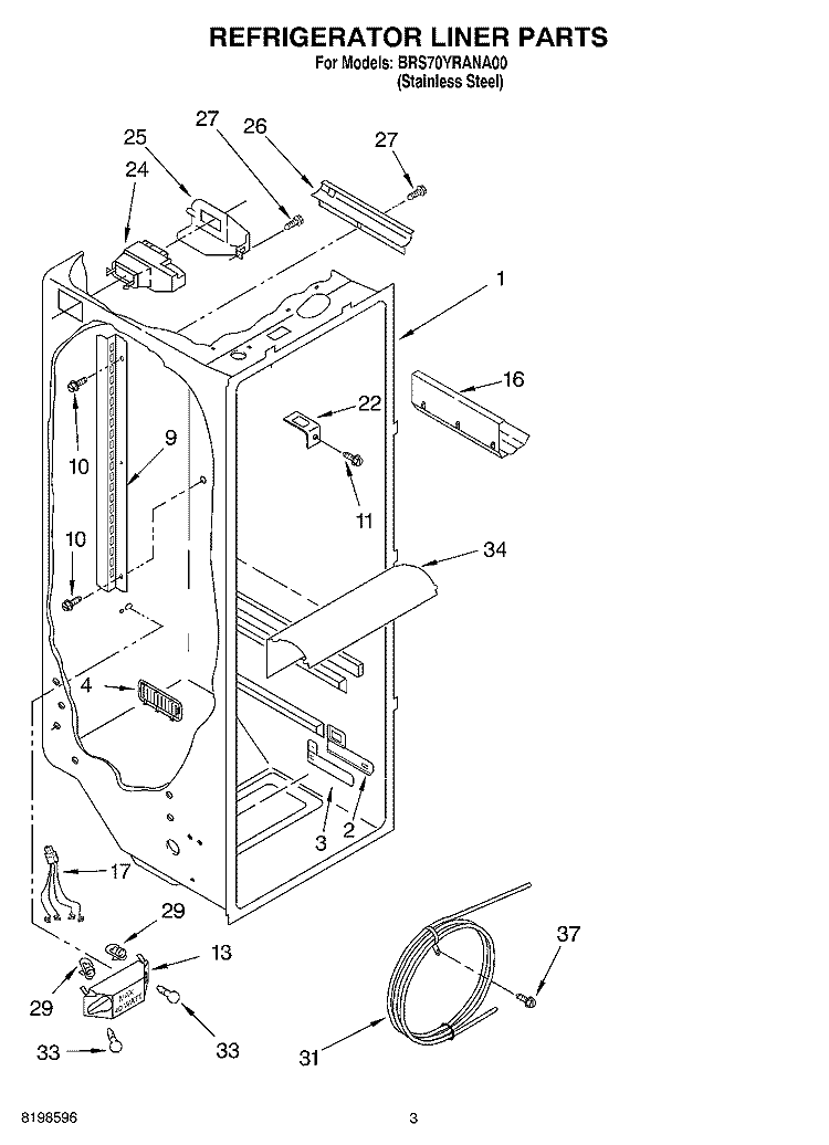 REFRIGERATOR LINER PARTS Diagram and Parts List for BRS70YRANA00  Whirlpool Refrigerator