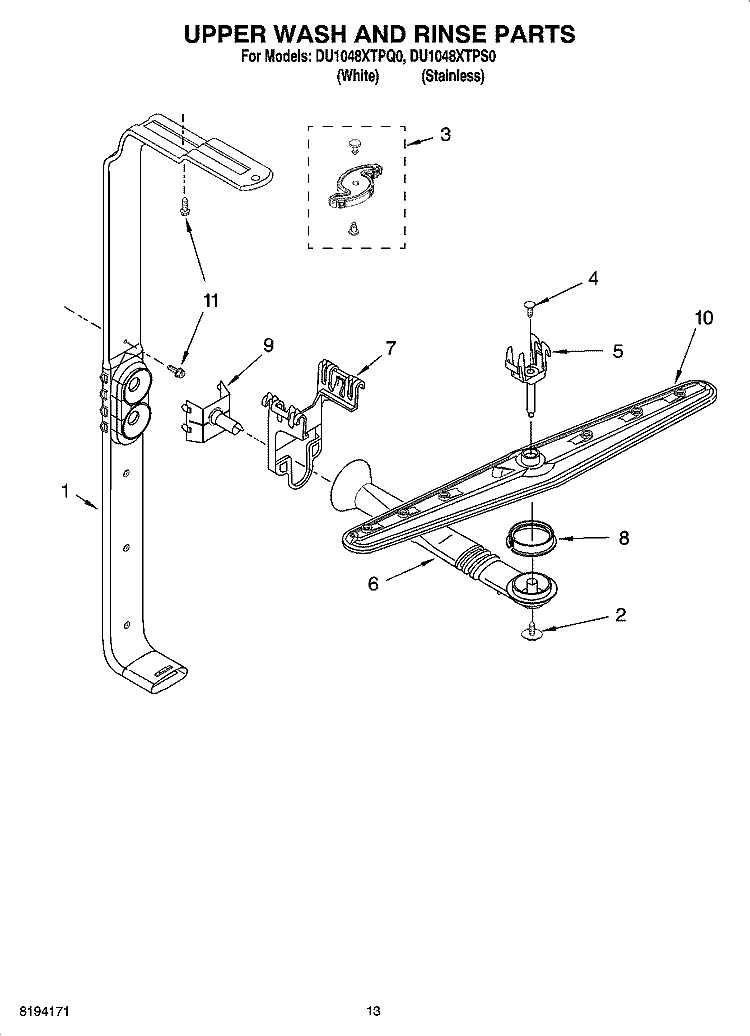 UPPER WASH AND RINSE PARTS Diagram and Parts List for DU1048XTPS0  Whirlpool Dishwasher