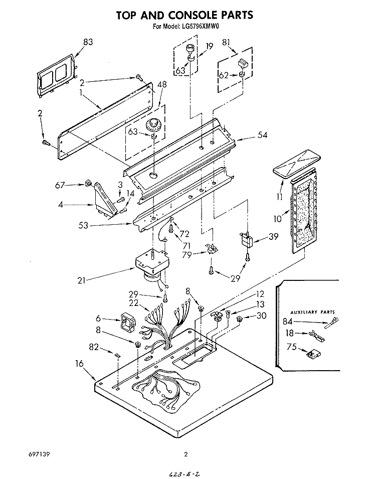 TOP AND CONSOLE , LITERATURE AND OPTIONAL Diagram and Parts List for LG5796XMW0  Whirlpool Dryer