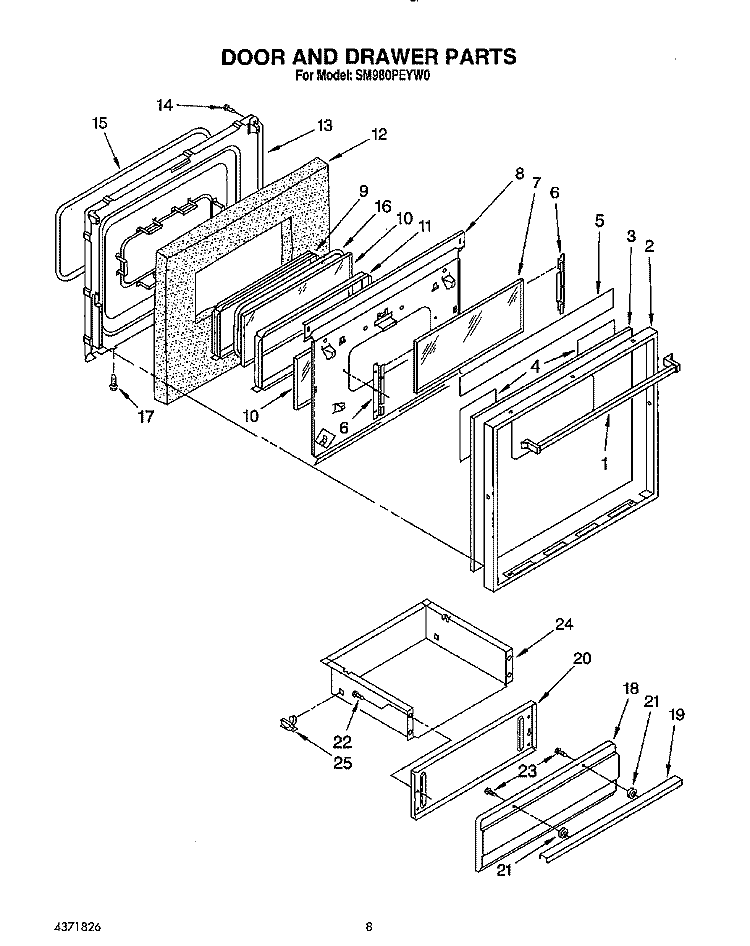 DOOR AND DRAWER Diagram and Parts List for SM980PEYN0  Whirlpool Microwave Oven Combo