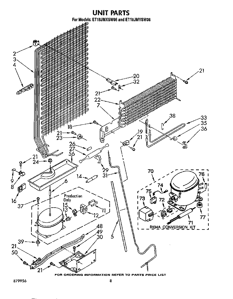 UNIT Diagram and Parts List for ET18JMXSW06  Whirlpool Refrigerator