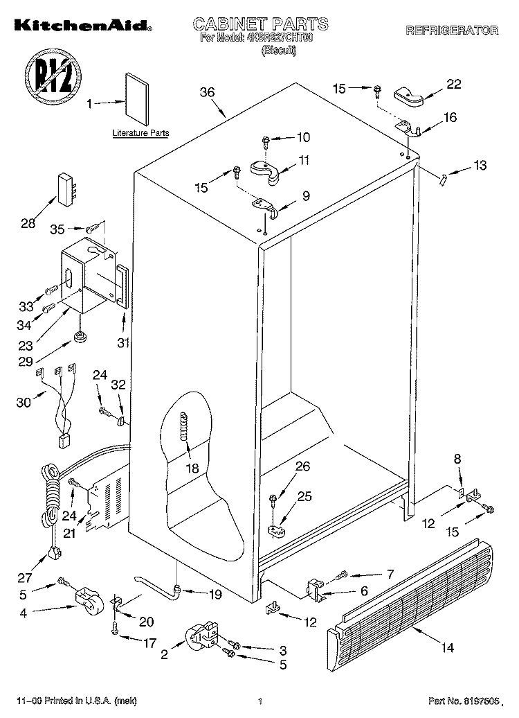 CABINET, LITERATURE Diagram and Parts List for 4KSRS27CHT00  KitchenAid Refrigerator