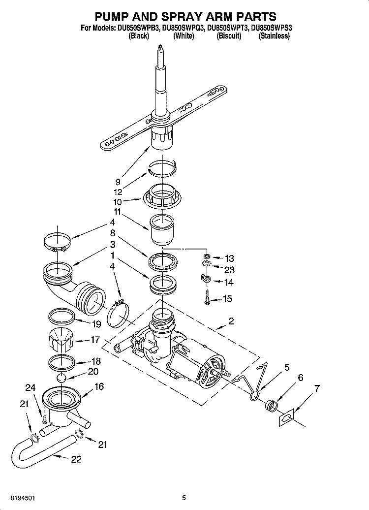 PUMP AND SPRAY ARM PARTS Diagram and Parts List for DU850SWPS3  Whirlpool Dishwasher