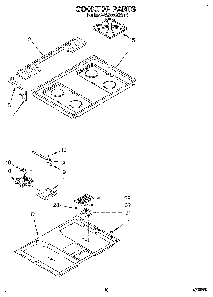 COOKTOP Diagram and Parts List for SS363BETT4  Whirlpool Range