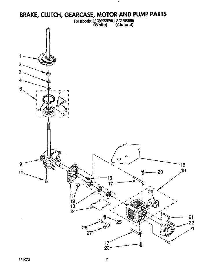 BRAKE, CLUTCH, GEARCASE, MOTOR & PUMP Diagram and Parts List for LSC9355BW0  Whirlpool Washer