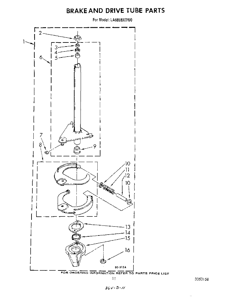 BRAKE AND DRIVE TUBE Diagram and Parts List for LA6888XTF0  Whirlpool Washer
