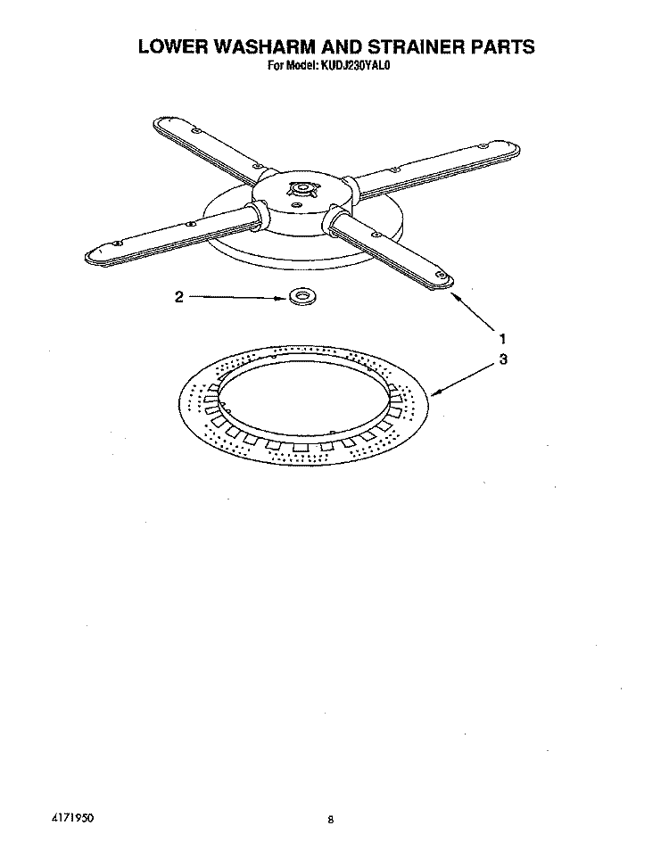 LOWER WASHARM AND STRAINER Diagram and Parts List for KUDJ230YAL0  KitchenAid Dishwasher