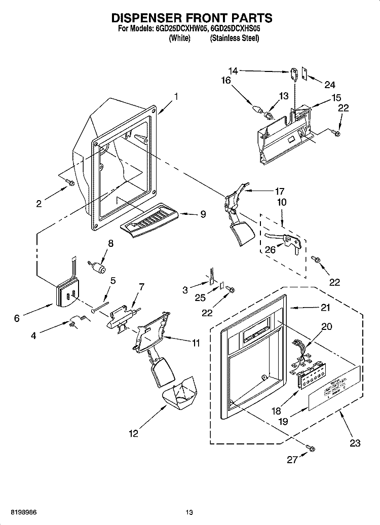 DISPENSER FRONT PARTS Diagram and Parts List for 6GD25DCXHS05  Whirlpool Refrigerator