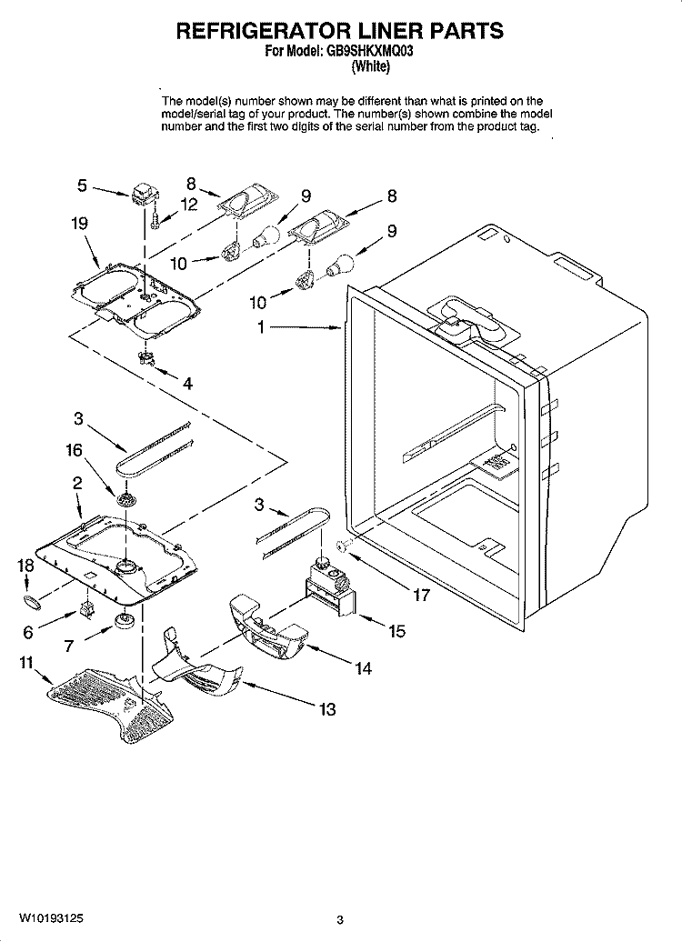 REFRIGERATOR LINER PARTS Diagram and Parts List for GB9SHKXMQ03  Whirlpool Refrigerator