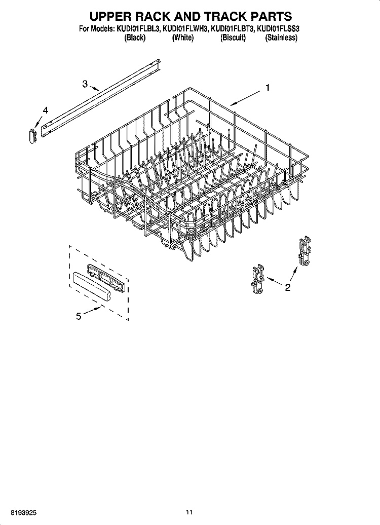 UPPER RACK AND TRACK PARTS Diagram and Parts List for KUDI01FLWH3  KitchenAid Dishwasher