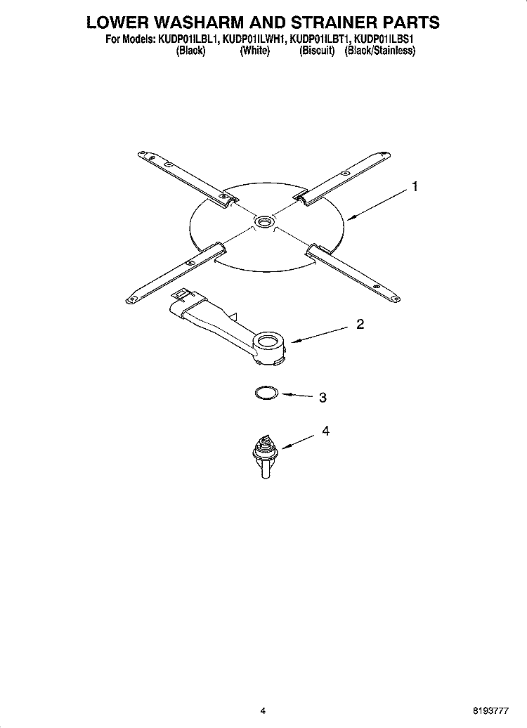 LOWER WASHARM AND STRAINER PARTS Diagram and Parts List for KUDP01ILBL1  KitchenAid Dishwasher