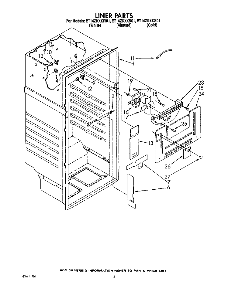 LINER Diagram and Parts List for ET14ZKXXG01  Whirlpool Refrigerator