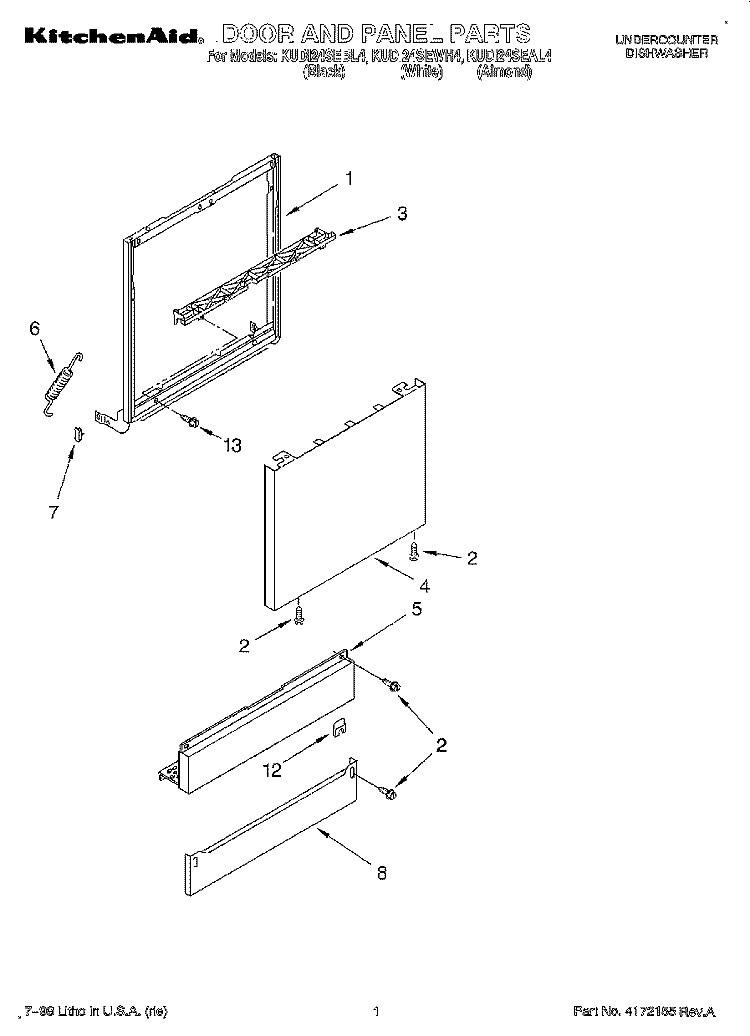 DOOR AND PANEL Diagram and Parts List for KUDI24SEBL4  KitchenAid Dishwasher