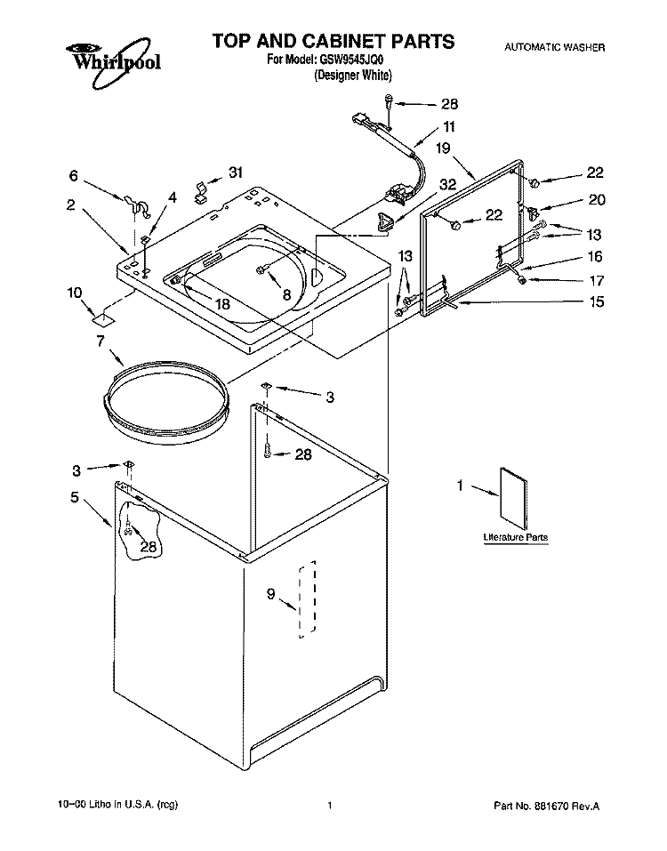 TOP AND CABINET, LITERATURE Diagram and Parts List for GSW9545JQ0  Whirlpool Washer