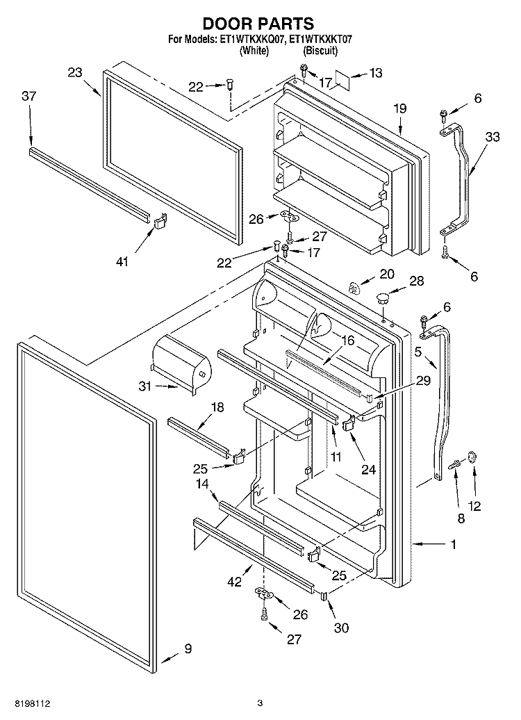 DOOR Diagram and Parts List for ET1WTKXKT07  Whirlpool Refrigerator