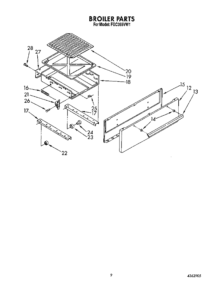 BROILER Diagram and Parts List for FGC355VL1  Whirlpool Range