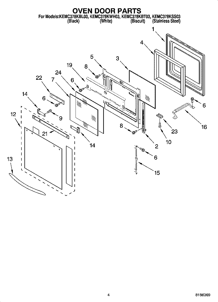 OVEN DOOR PARTS Diagram and Parts List for KEMC378KWH03  KitchenAid Microwave Oven Combo