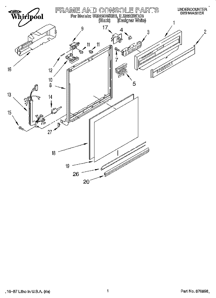 FRAME AND CONSOLE Diagram and Parts List for DU925QWDQ6  Whirlpool Dishwasher