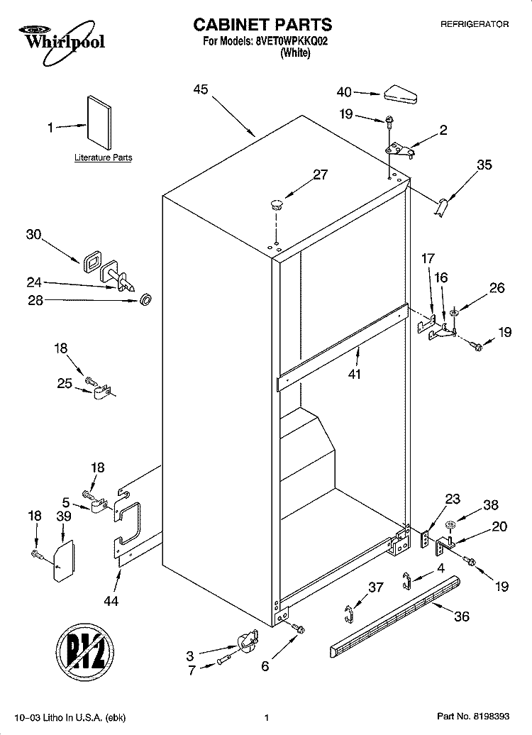 CABINET PARTS Diagram and Parts List for 8VET0WPKKQ02  Whirlpool Refrigerator
