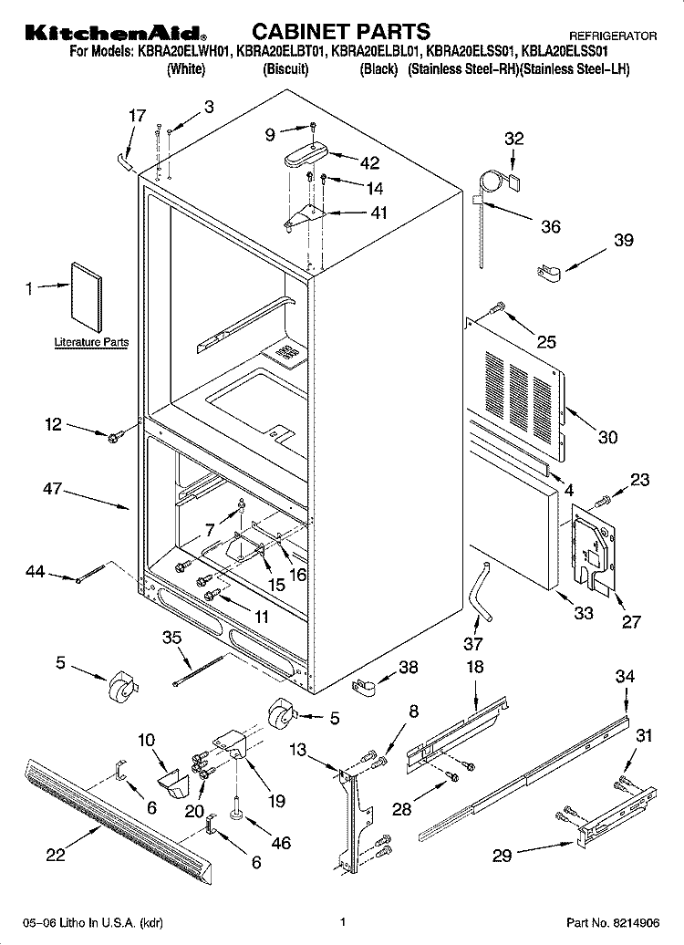 CABINET PARTS Diagram and Parts List for KBRA20ELSS01  KitchenAid Refrigerator