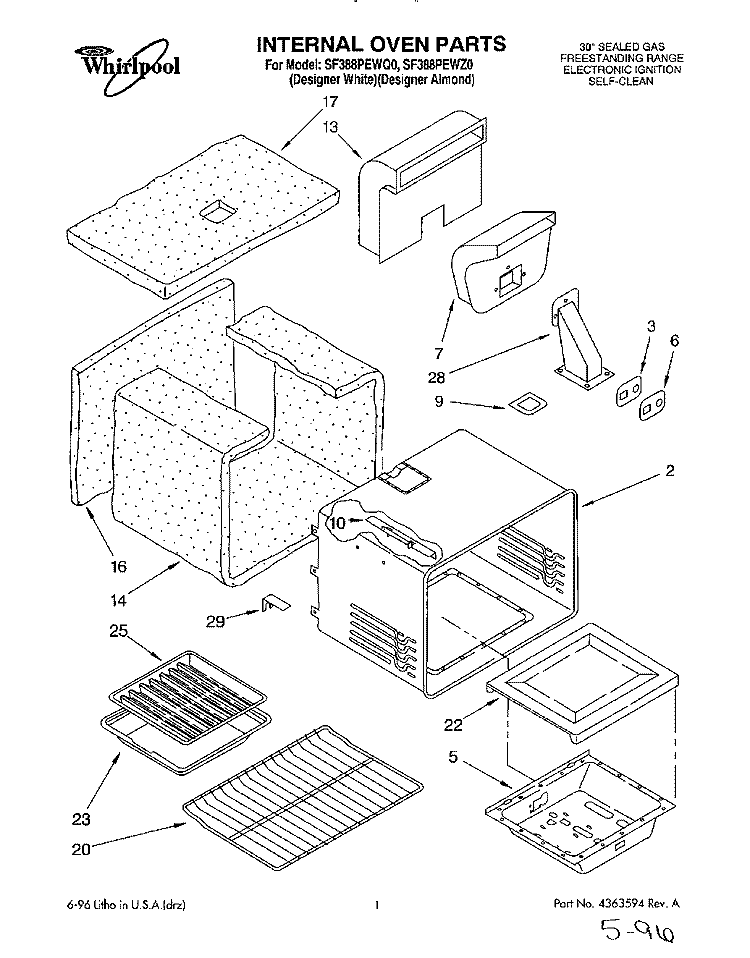 INTERNAL OVEN Diagram and Parts List for SF388PEWZ0  Whirlpool Range