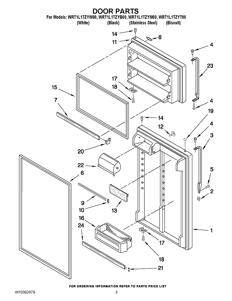 DOOR PARTS Diagram and Parts List for WRT1L1TZYM00  Whirlpool Refrigerator