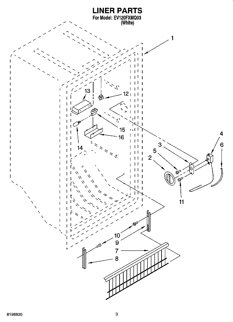 LINER PARTS PARTS NOT ILLUSTRATED Diagram and Parts List for EV120FXMQ03  Whirlpool Freezer