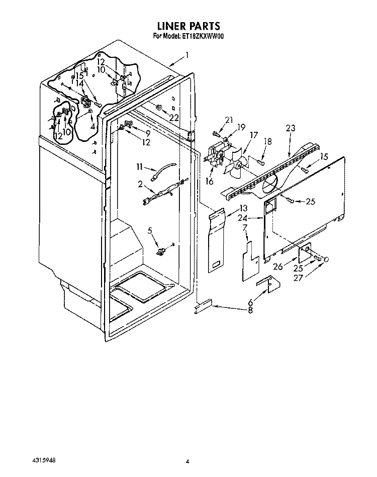LINER Diagram and Parts List for ET18ZKXWW00  Whirlpool Refrigerator