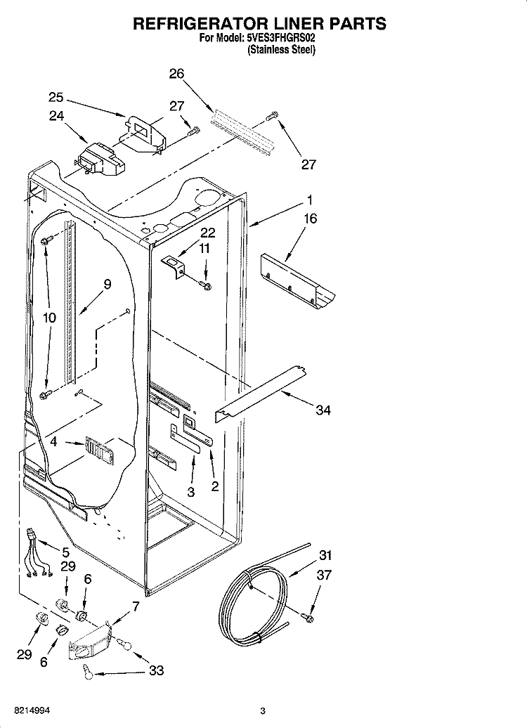 REFRIGERATOR LINER PARTS Diagram and Parts List for 5VES3FHGRS02  Whirlpool Refrigerator
