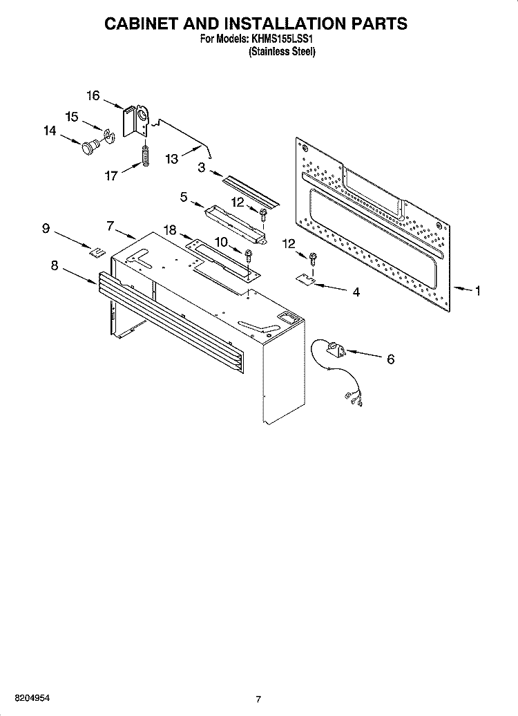 CABINET AND INSTALLATION PARTS Diagram and Parts List for KHMS155LSS1  KitchenAid Microwave