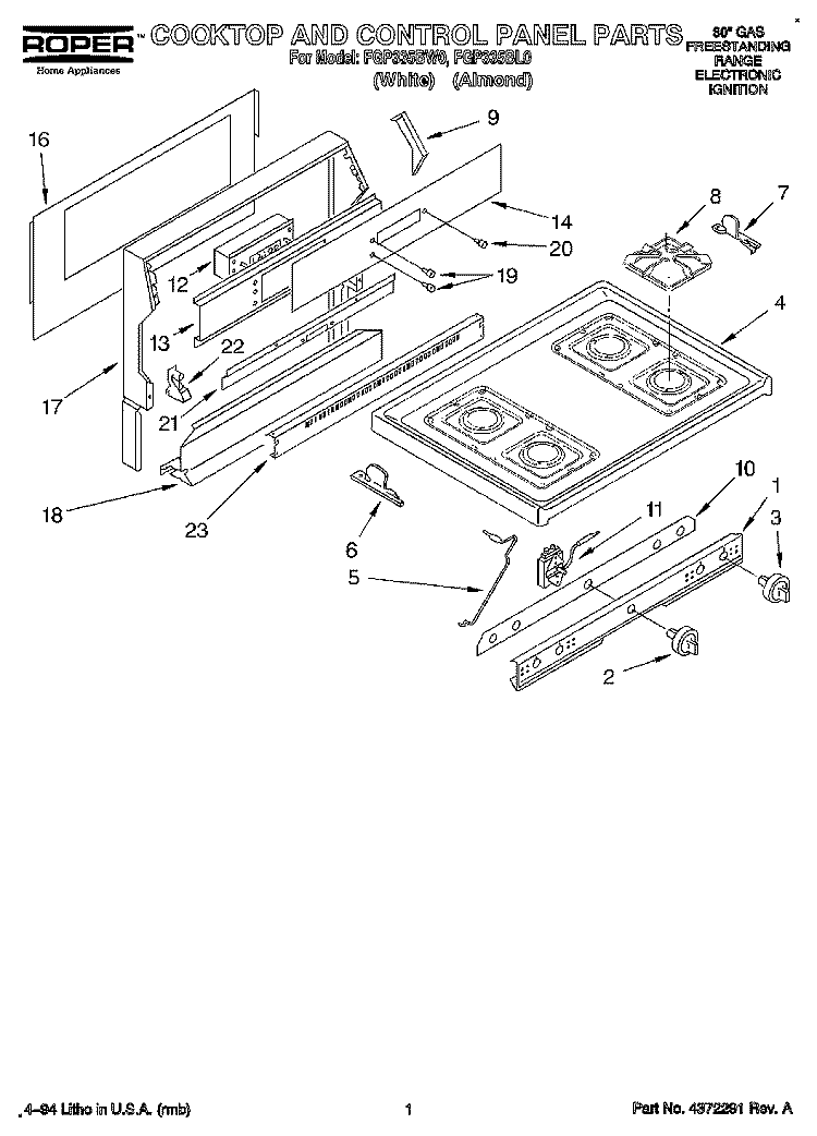 COOKTOP AND CONTROL PANEL, LITERATURE Diagram and Parts List for FGP335BL0  Roper Range