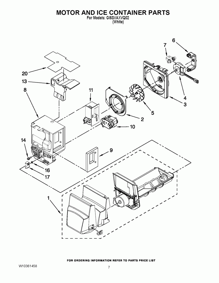 MOTOR AND ICE CONTAINER PARTS Diagram and Parts List for GI5SVAXVQ02  Whirlpool Refrigerator
