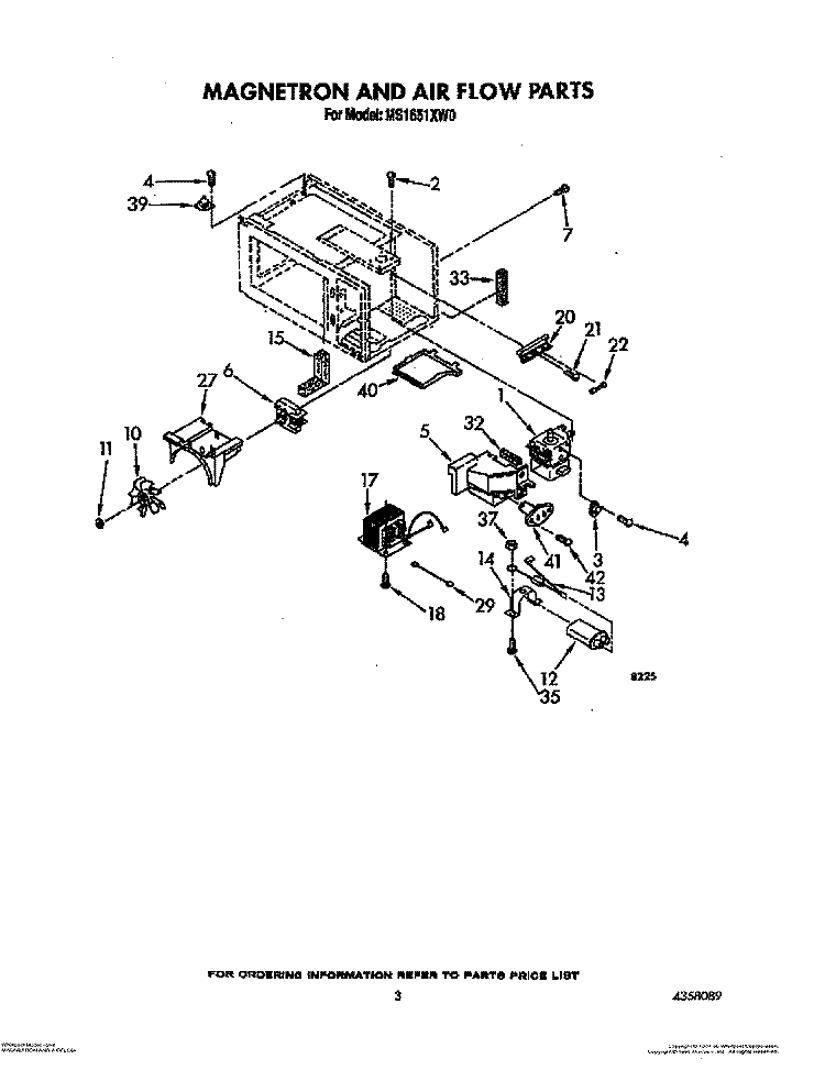 MAGNETRON AND AIRFLOW Diagram and Parts List for MS1651XW0  Whirlpool Microwave