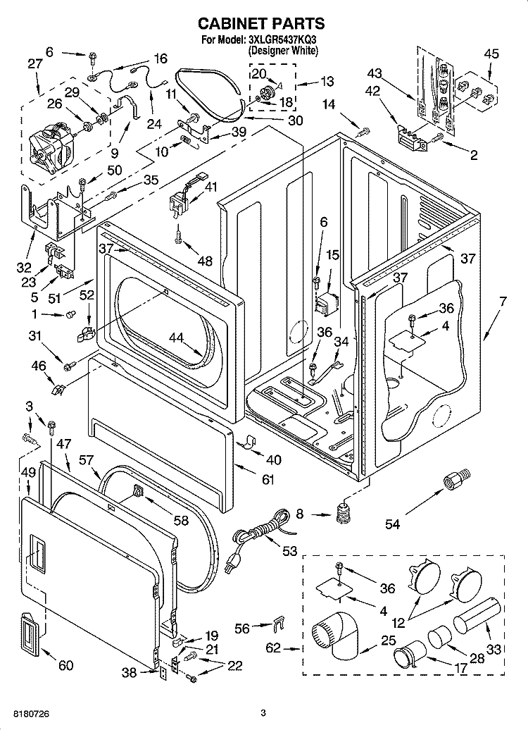 CABINET PARTS Diagram and Parts List for 3XLGR5437KQ3  Whirlpool Dryer
