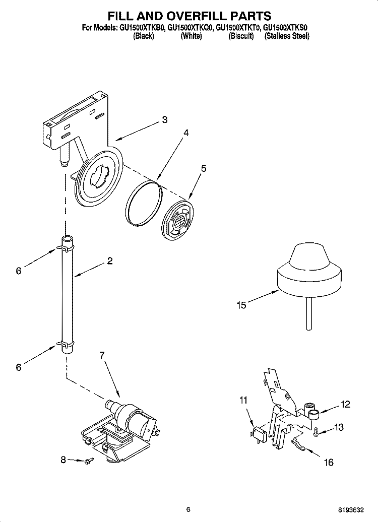 FILL AND OVERFILL PARTS Diagram and Parts List for GU1500XTKQ0  Whirlpool Dishwasher