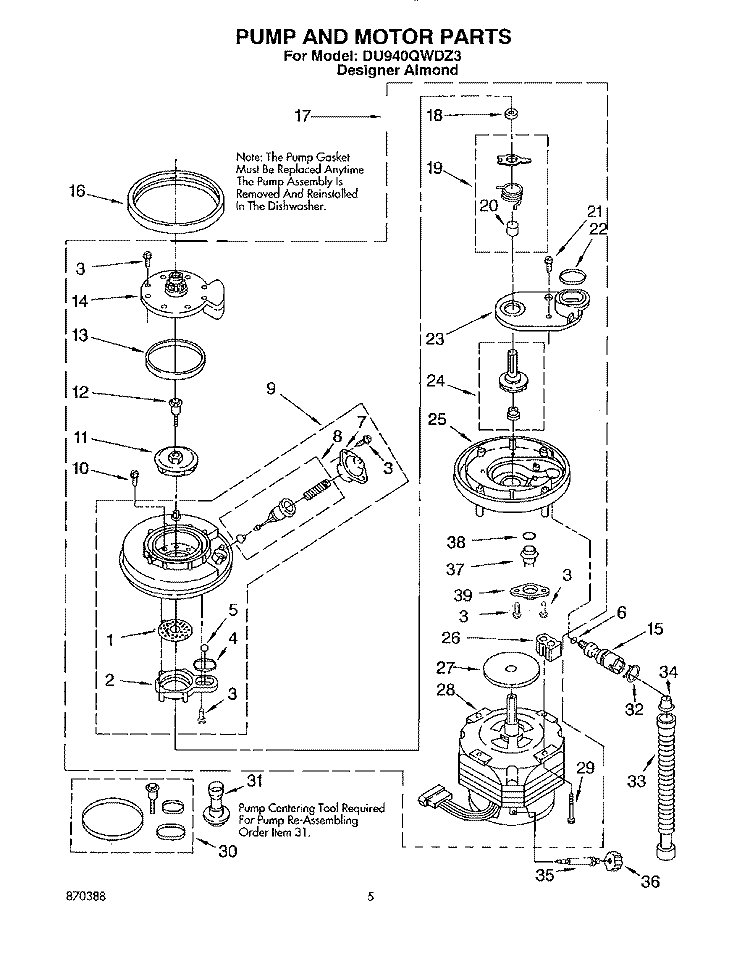 PUMP AND MOTOR Diagram and Parts List for DU940QWDZ3  Whirlpool Dishwasher
