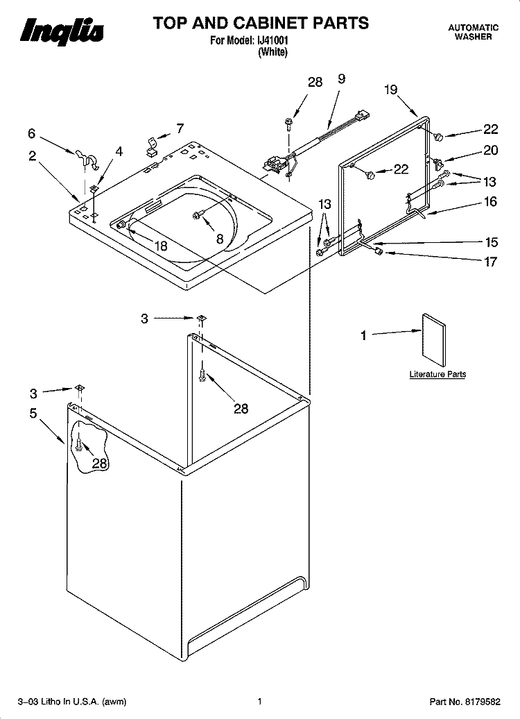 TOP AND CABINET PARTS Diagram and Parts List for IJ41001  Inglis Washer