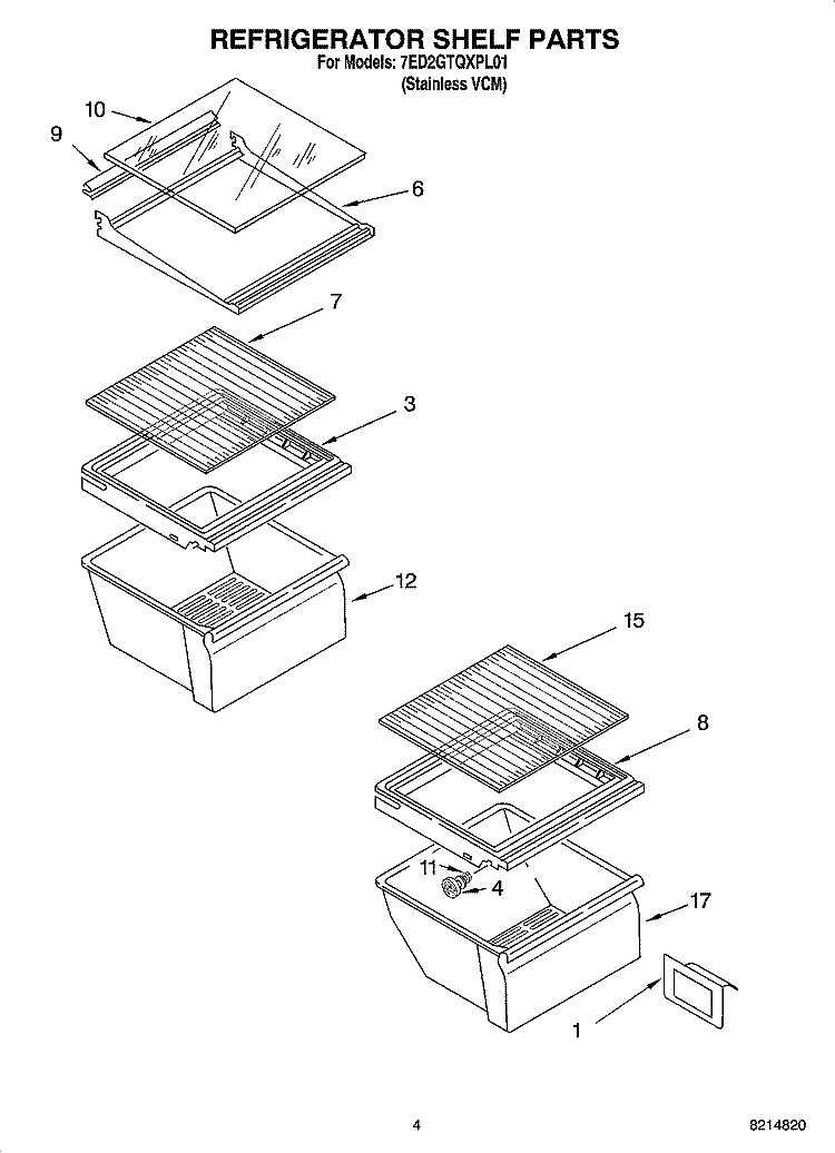 REFRIGERATOR SHELF PARTS Diagram and Parts List for 7ED2GTQXPL01  Whirlpool Refrigerator