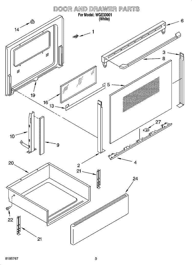 DOOR AND DRAWER PARTS Diagram and Parts List for WGE33001  Whirlpool Range