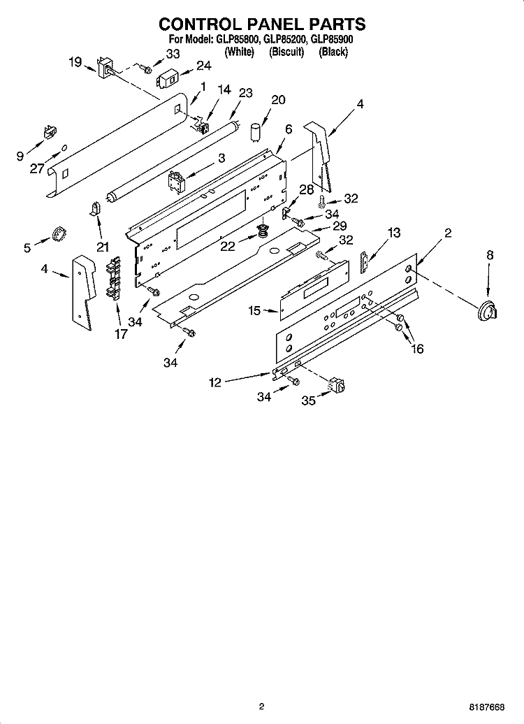 CONTROL PANEL PARTS Diagram and Parts List for GLP85200  Whirlpool Range
