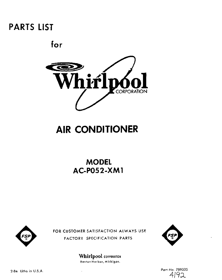 COVER Diagram and Parts List for ACP052XM1  Whirlpool Air Conditioner