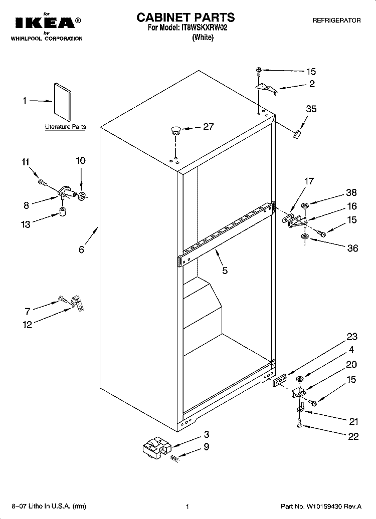 CABINET PARTS Diagram and Parts List for IT8WSKXRW02  Whirlpool Refrigerator