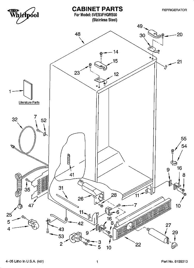 CABINET PARTS Diagram and Parts List for 5VES3FHGRS00  Whirlpool Refrigerator