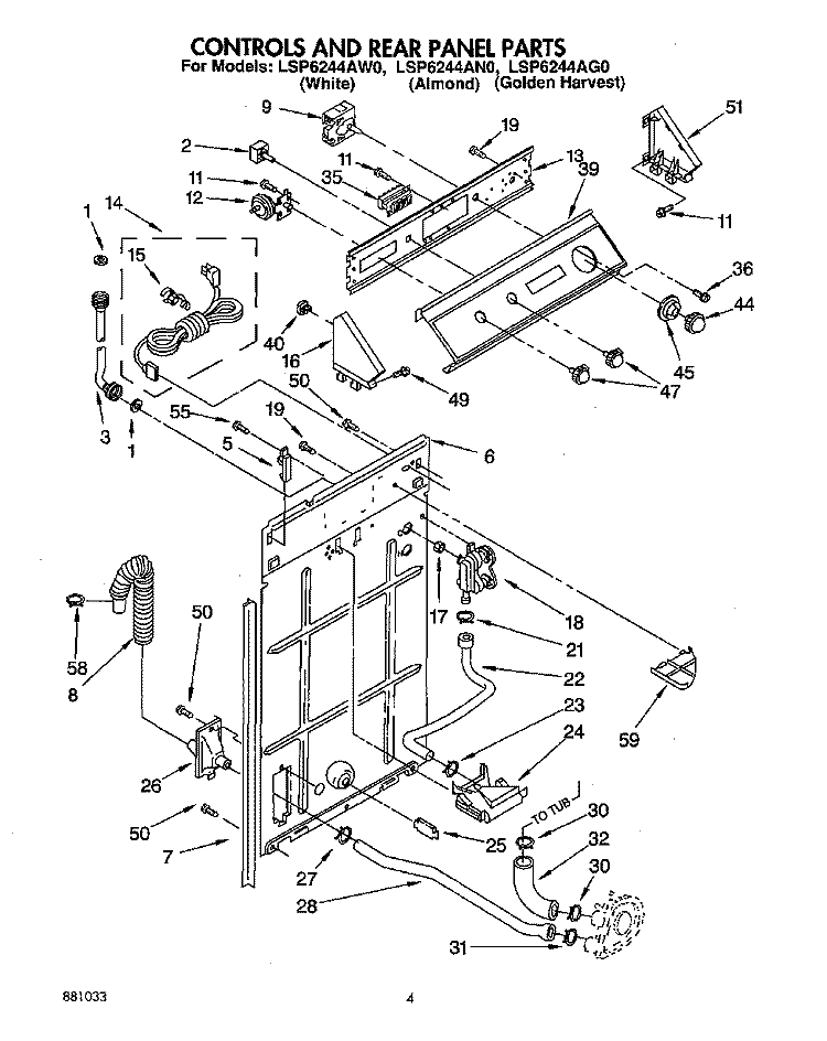 CONTROLS AND REAR PANEL Diagram and Parts List for LSP6244AN0  Whirlpool Washer