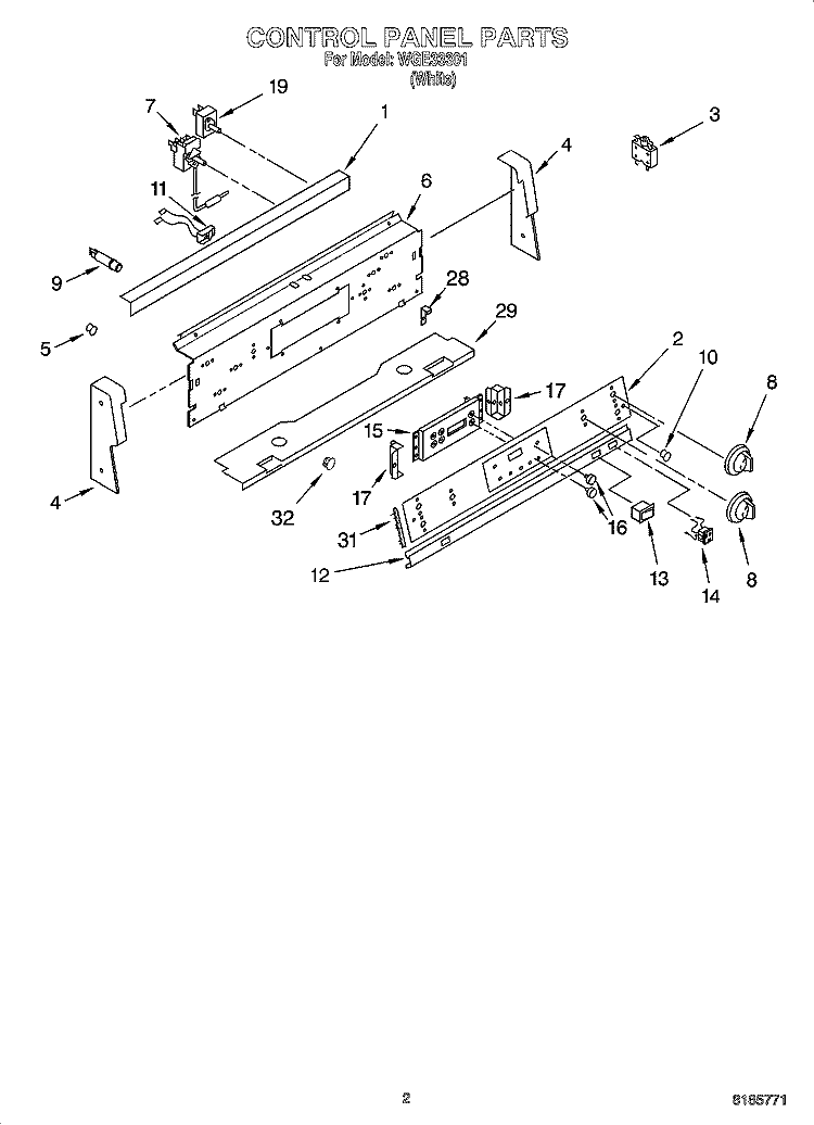 CONTROL PANEL PARTS Diagram and Parts List for WGE33301  Whirlpool Range