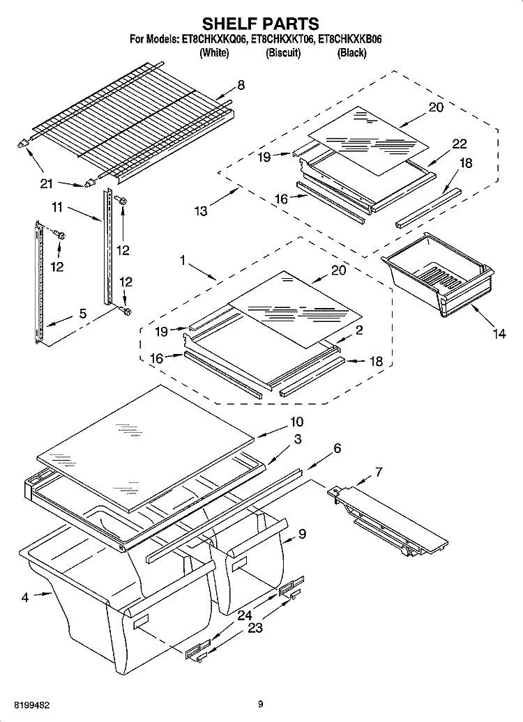 SHELF PARTS, OPTIONAL PARTS Diagram and Parts List for ET8CHKXKT06  Whirlpool Refrigerator