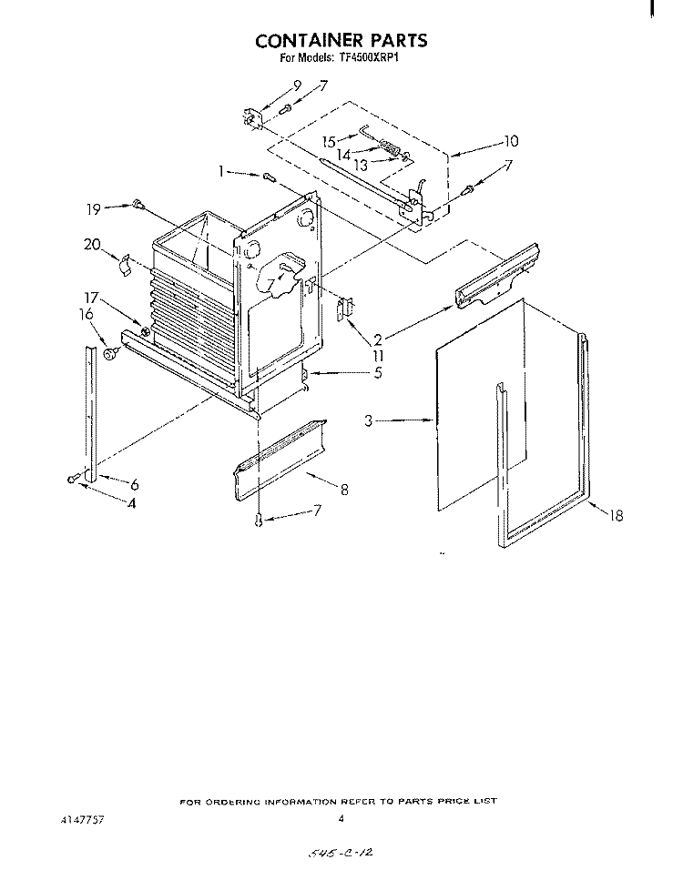 CONTAINER Diagram and Parts List for TF4500XRP1  Whirlpool Trash Compactor